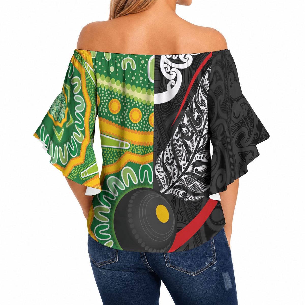Personalised Aotearoa and Australia Lawn Bowls Off Shoulder Wrap Waist Top Maori Fern and Aboriginal Pattern LT03 - Polynesian Pride
