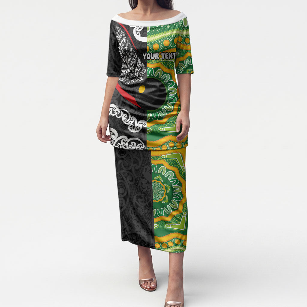 Personalised Aotearoa and Australia Lawn Bowls Puletasi Maori Fern and Aboriginal Pattern LT03 Long Dress Multicolor - Polynesian Pride