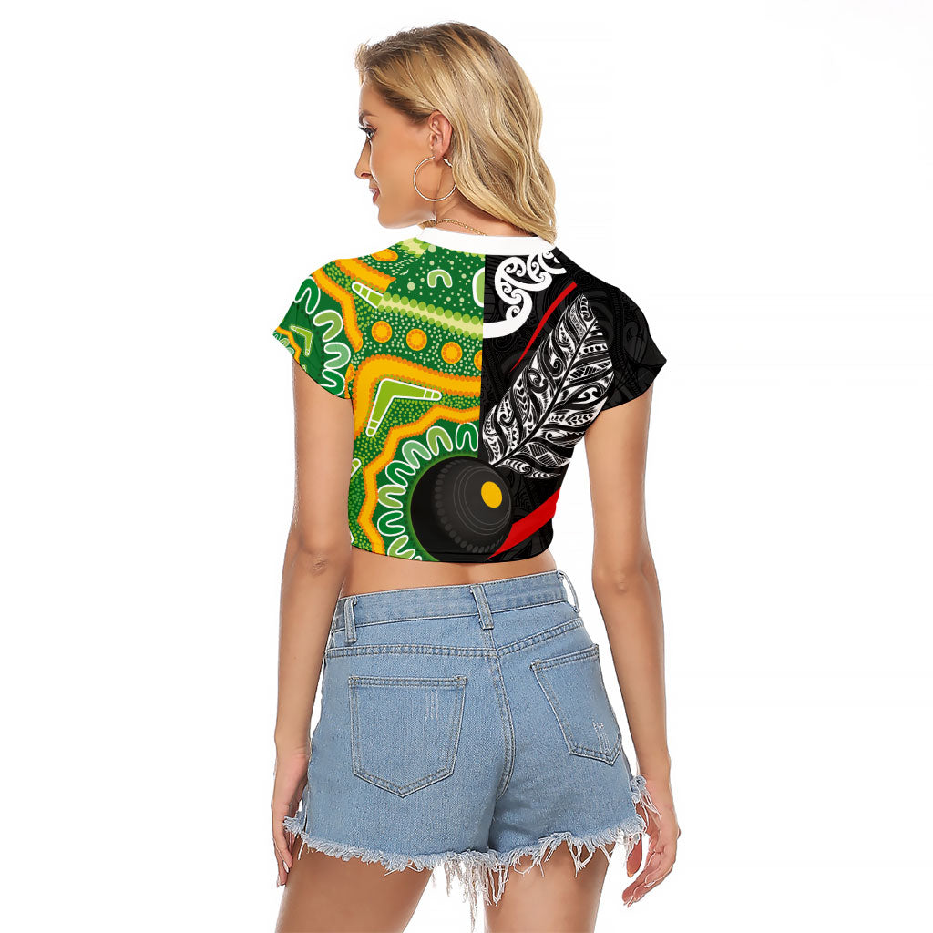 Personalised Aotearoa and Australia Lawn Bowls Raglan Cropped T Shirt Maori Fern and Aboriginal Pattern LT03 - Polynesian Pride