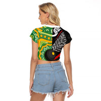 Personalised Aotearoa and Australia Lawn Bowls Raglan Cropped T Shirt Maori Fern and Aboriginal Pattern LT03 - Polynesian Pride
