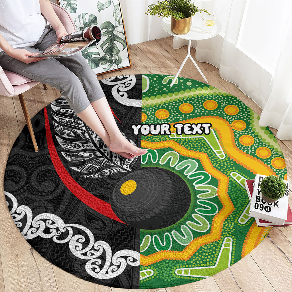Personalised Aotearoa and Australia Lawn Bowls Round Carpet Maori Fern and Aboriginal Pattern LT03 - Polynesian Pride