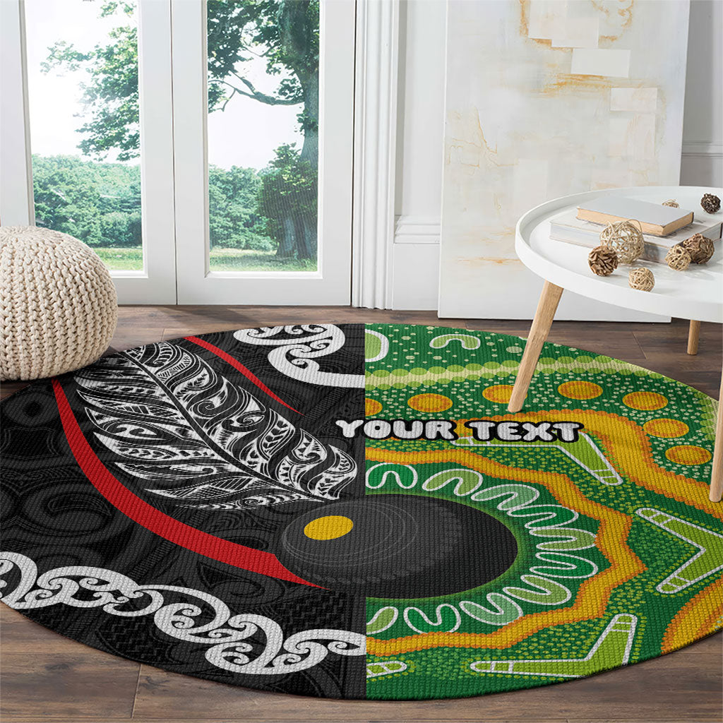 Personalised Aotearoa and Australia Lawn Bowls Round Carpet Maori Fern and Aboriginal Pattern LT03 - Polynesian Pride