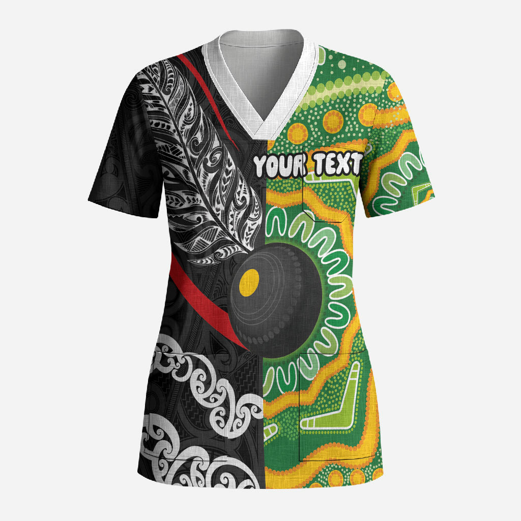 Personalised Aotearoa and Australia Lawn Bowls Scrub Top Maori Fern and Aboriginal Pattern LT03 Adult Multicolor - Polynesian Pride