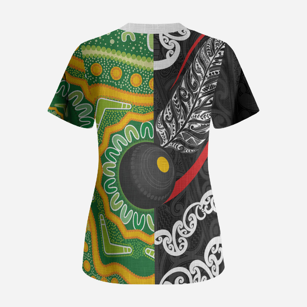 Personalised Aotearoa and Australia Lawn Bowls Scrub Top Maori Fern and Aboriginal Pattern LT03 - Polynesian Pride