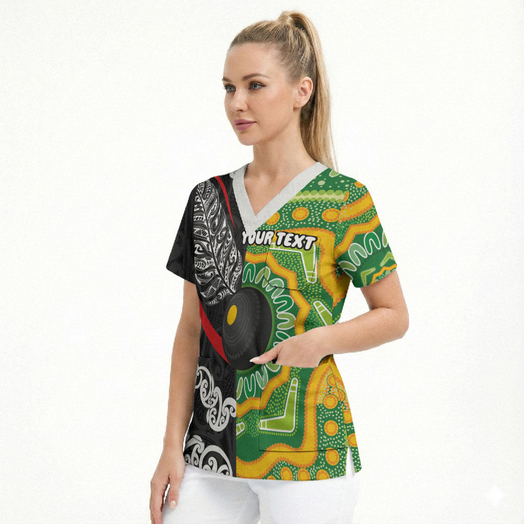 Personalised Aotearoa and Australia Lawn Bowls Scrub Top Maori Fern and Aboriginal Pattern LT03 - Polynesian Pride
