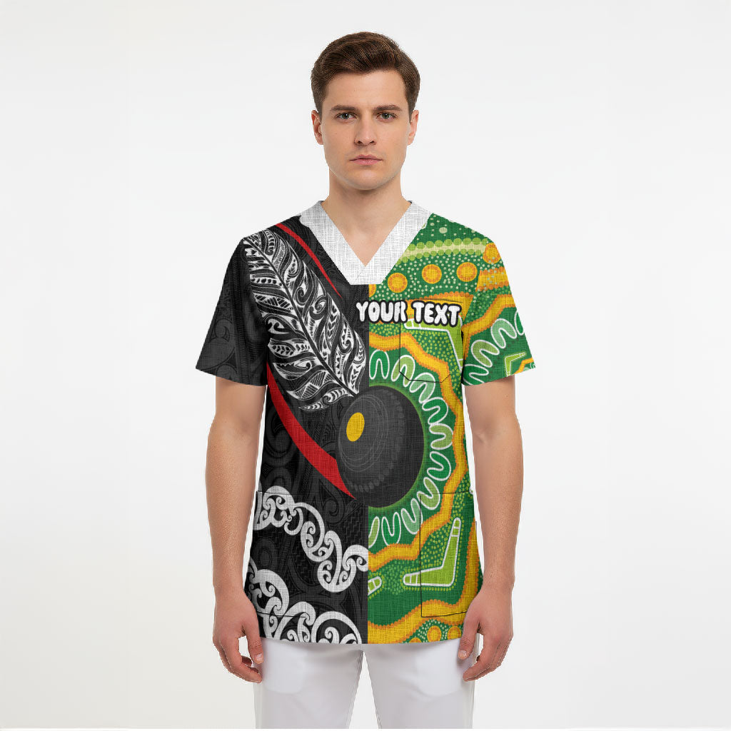 Personalised Aotearoa and Australia Lawn Bowls Scrub Top Maori Fern and Aboriginal Pattern LT03 - Polynesian Pride