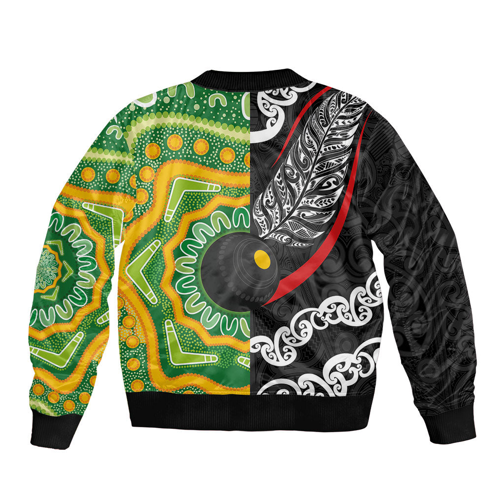 Personalised Aotearoa and Australia Lawn Bowls Sleeve Zip Bomber Jacket Maori Fern and Aboriginal Pattern