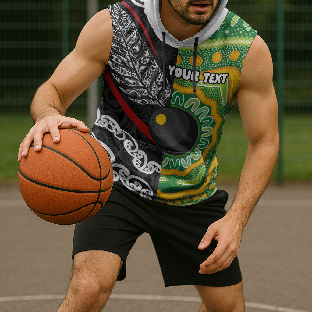 Personalised Aotearoa and Australia Lawn Bowls Sleeveless Hoodie Maori Fern and Aboriginal Pattern LT03 - Polynesian Pride