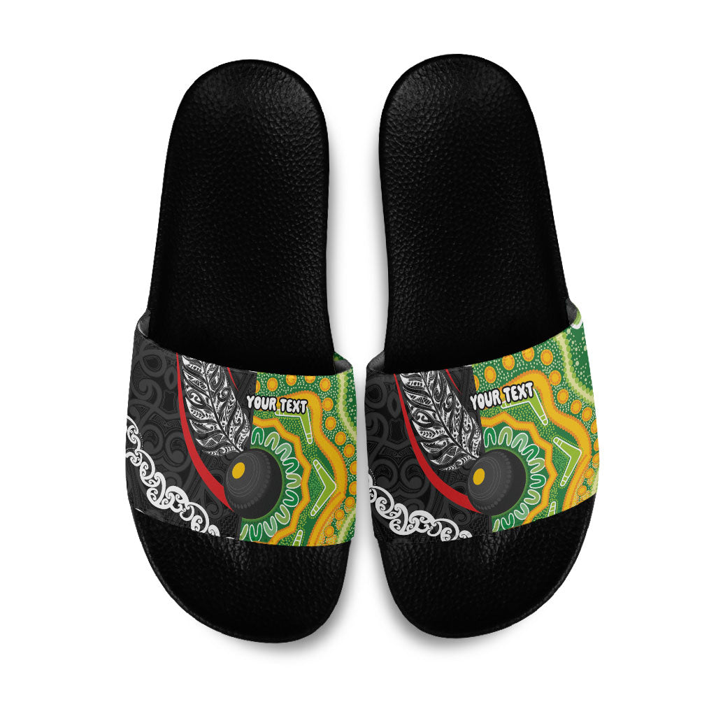 Personalised Aotearoa and Australia Lawn Bowls Slide Sandals Maori Fern and Aboriginal Pattern LT03 Multicolor - Polynesian Pride
