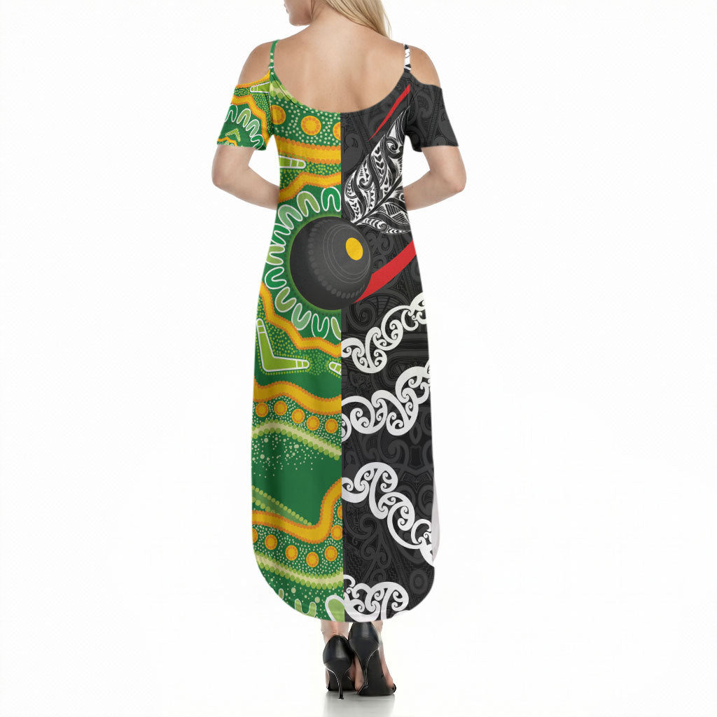 Personalised Aotearoa and Australia Lawn Bowls Summer Maxi Dress Maori Fern and Aboriginal Pattern LT03 - Polynesian Pride