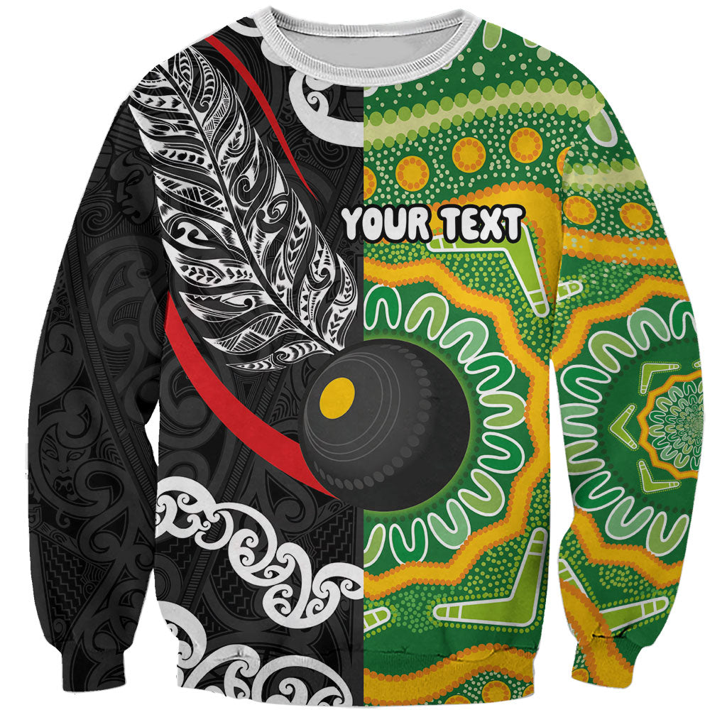 Personalised Aotearoa and Australia Lawn Bowls Sweatshirt Maori Fern and Aboriginal Pattern