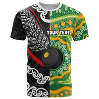 Personalised Aotearoa and Australia Lawn Bowls T Shirt Maori Fern and Aboriginal Pattern