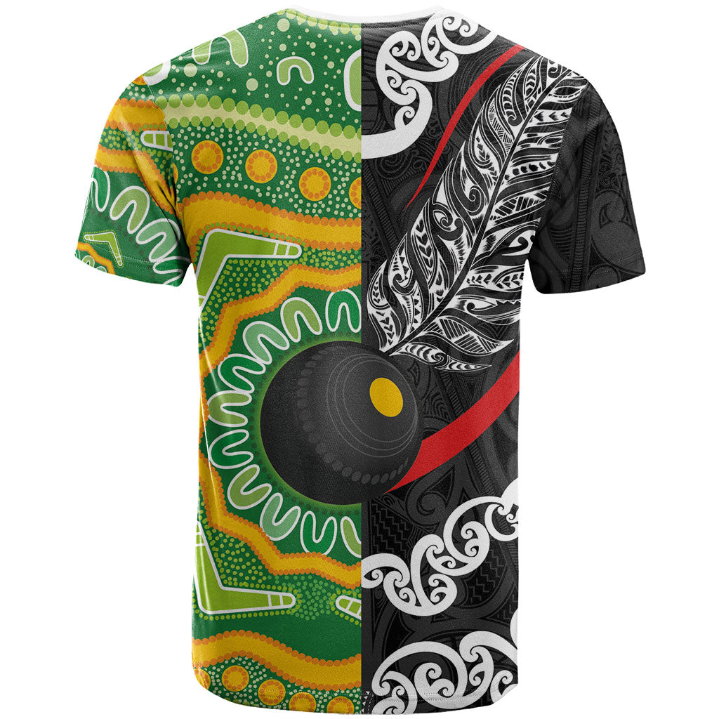 Personalised Aotearoa and Australia Lawn Bowls T Shirt Maori Fern and Aboriginal Pattern