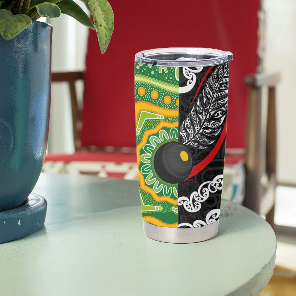 Personalised Aotearoa and Australia Lawn Bowls Tumbler Cup Maori Fern and Aboriginal Pattern LT03 - Polynesian Pride