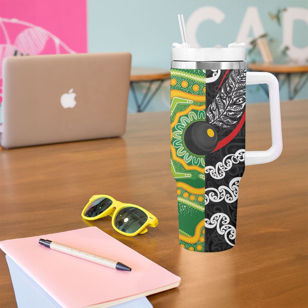 Personalised Aotearoa and Australia Lawn Bowls Tumbler With Handle Maori Fern and Aboriginal Pattern LT03 - Polynesian Pride