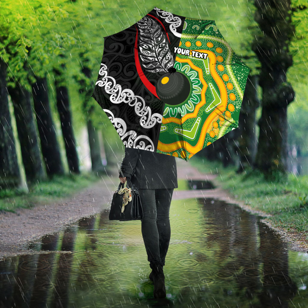 Personalised Aotearoa and Australia Lawn Bowls Umbrella Maori Fern and Aboriginal Pattern LT03 - Polynesian Pride