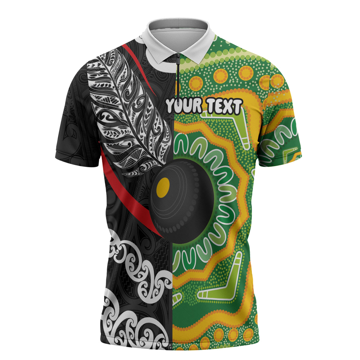 Personalised Aotearoa and Australia Lawn Bowls Zipper Polo Shirt Maori Fern and Aboriginal Pattern LT03 Multicolor - Polynesian Pride