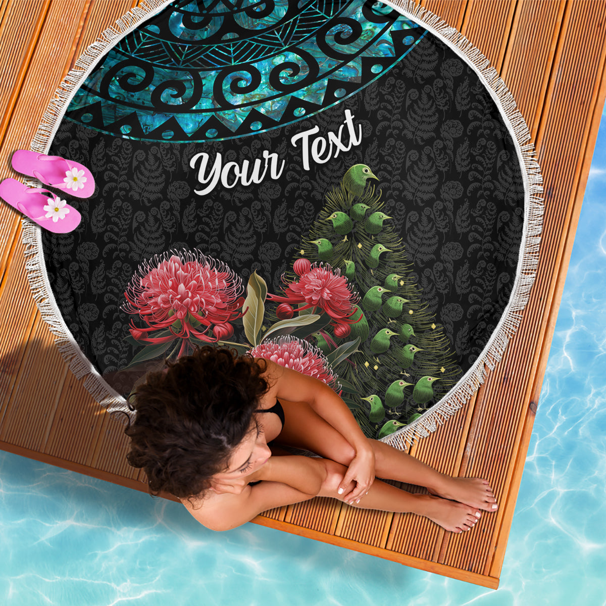 Personalized New Zealand Christmas Beach Blanket Maori Santa Pikorua and Pohutukawa Meri Kirihimete LT03 - Polynesian Pride
