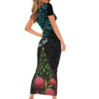 Personalized New Zealand Christmas Short Sleeve Bodycon Dress Maori Santa Pikorua and Pohutukawa Meri Kirihimete LT03 - Polynesian Pride
