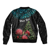 Personalized New Zealand Christmas Sleeve Zip Bomber Jacket Maori Santa Pikorua and Pohutukawa Meri Kirihimete LT03 - Polynesian Pride