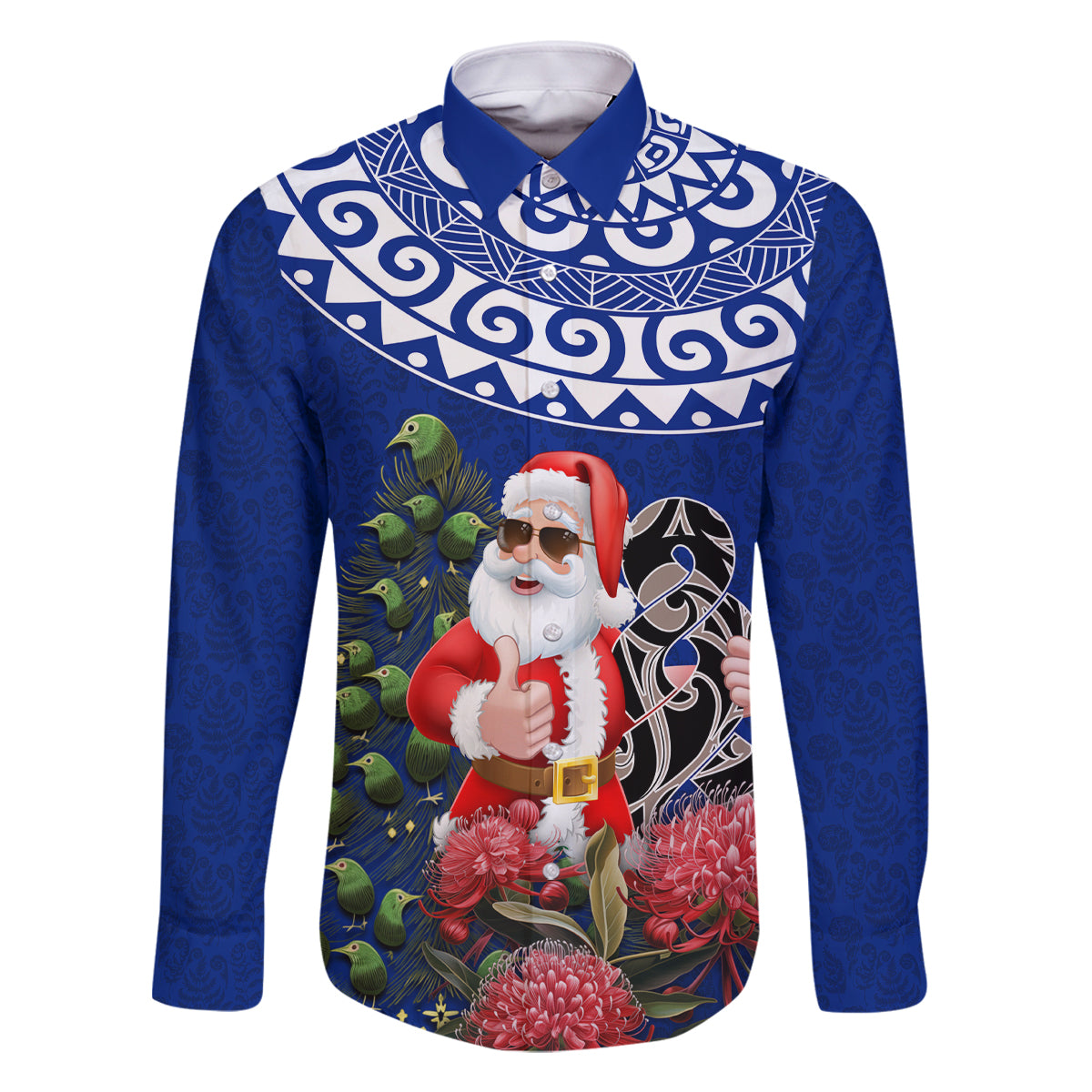 Personalized New Zealand Christmas Family Matching Mermaid Dress and Hawaiian Shirt Maori Santa Pikorua and Pohutukawa Meri Kirihimete Blue LT03 Dad's Shirt - Long Sleeve Blue - Polynesian Pride