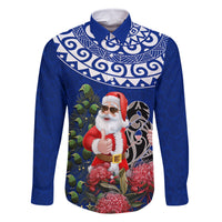 Personalized New Zealand Christmas Family Matching Off Shoulder Short Dress and Hawaiian Shirt Maori Santa Pikorua and Pohutukawa Meri Kirihimete Blue LT03 Dad's Shirt - Long Sleeve Blue - Polynesian Pride