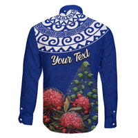 Personalized New Zealand Christmas Family Matching Off Shoulder Short Dress and Hawaiian Shirt Maori Santa Pikorua and Pohutukawa Meri Kirihimete Blue LT03 - Polynesian Pride