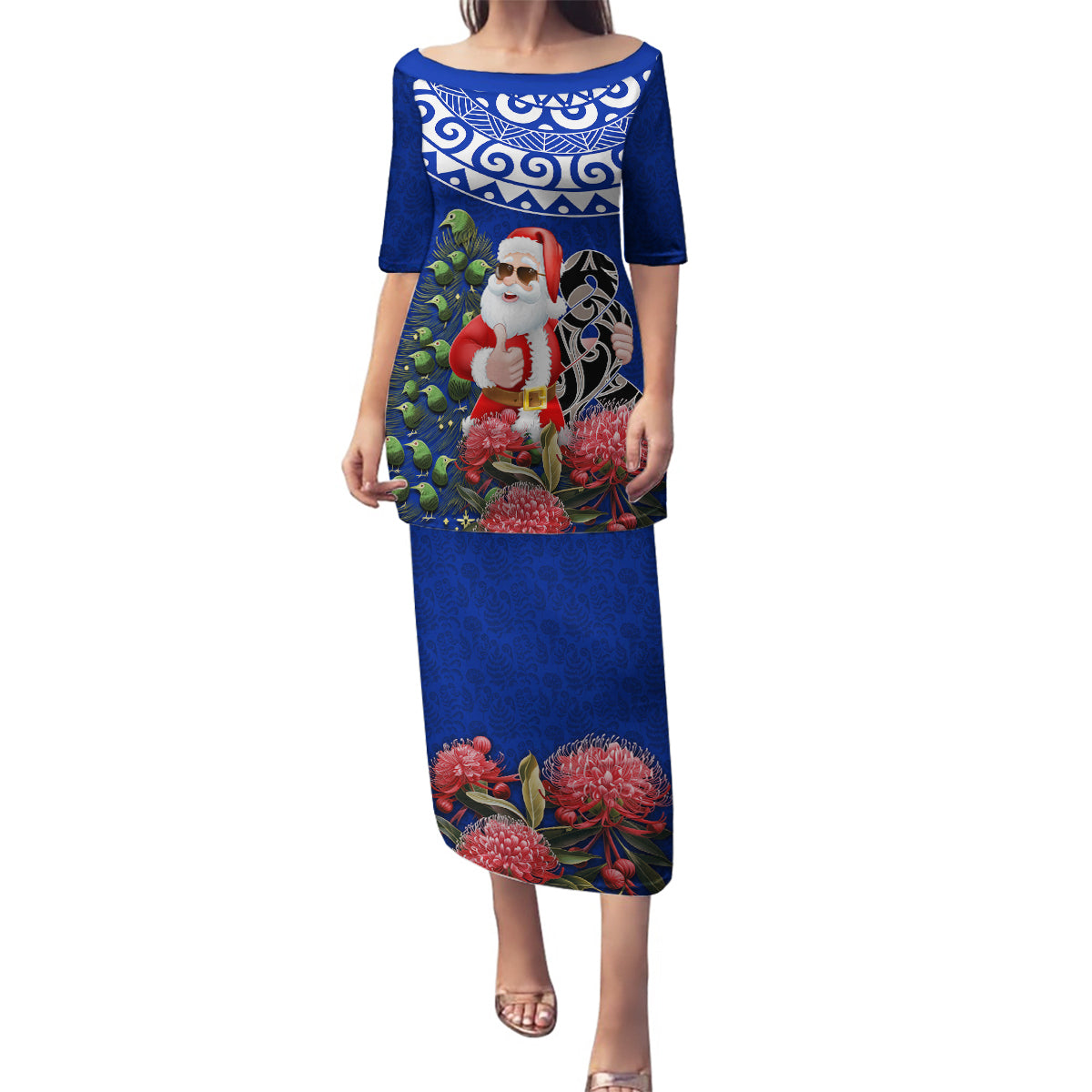 Personalized New Zealand Christmas Family Matching Puletasi Dress and Hawaiian Shirt Maori Santa Pikorua and Pohutukawa Meri Kirihimete Blue LT03 Mom's Dress Blue - Polynesian Pride