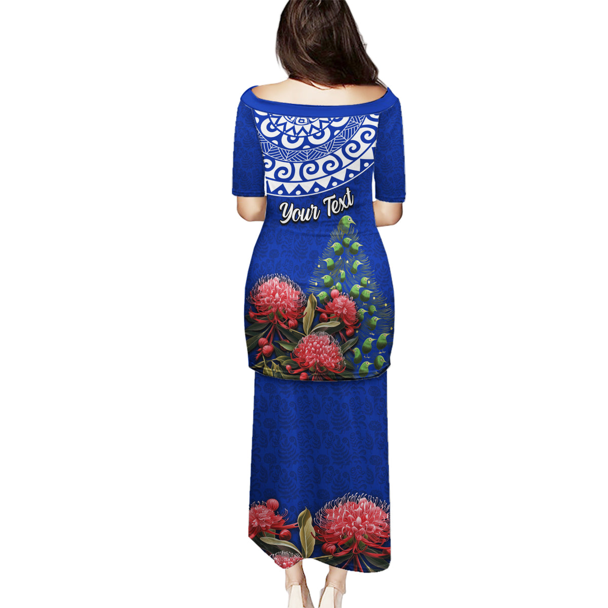Personalized New Zealand Christmas Puletasi Maori Santa Pikorua and Pohutukawa Meri Kirihimete Blue LT03 - Polynesian Pride