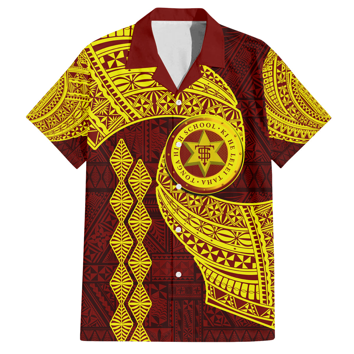 Tonga High School Family Matching Tank Maxi Dress and Hawaiian Shirt Traditional Ngatu and Polynesian Pattern LT03 Dad's Shirt - Short Sleeve Yellow - Polynesian Pride