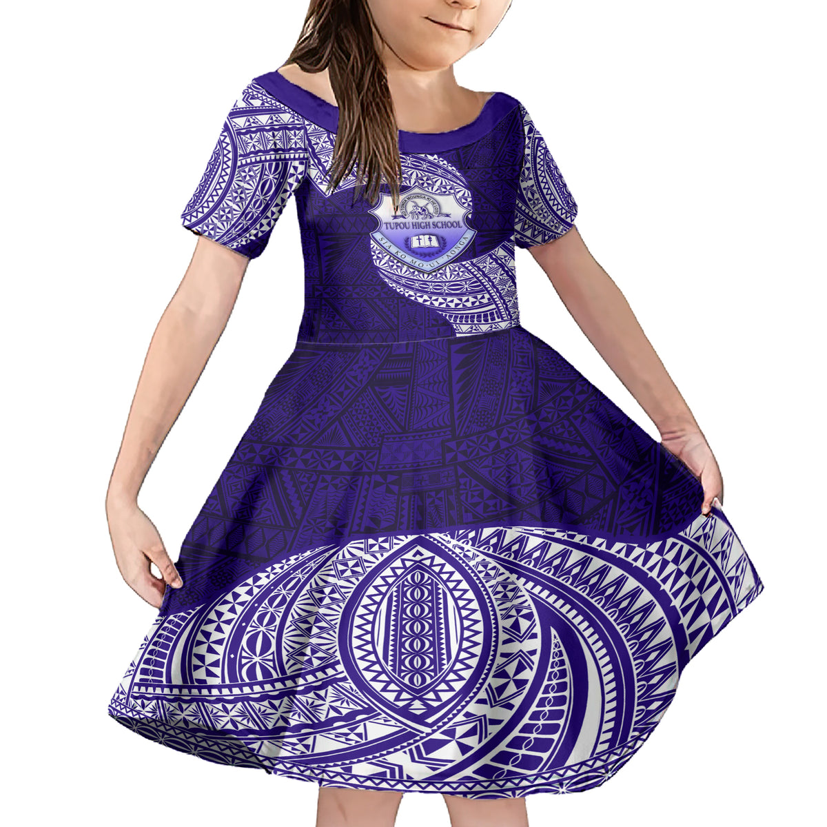 Tonga Tupou High School Family Matching Short Sleeve Bodycon Dress and Hawaiian Shirt Traditional Ngatu and Polynesian Pattern LT03 Daughter's Dress Blue - Polynesian Pride