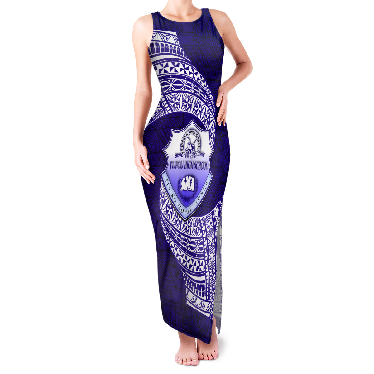 Tonga Tupou High School Family Matching Tank Maxi Dress and Hawaiian Shirt Traditional Ngatu and Polynesian Pattern LT03 Mom's Dress Blue - Polynesian Pride