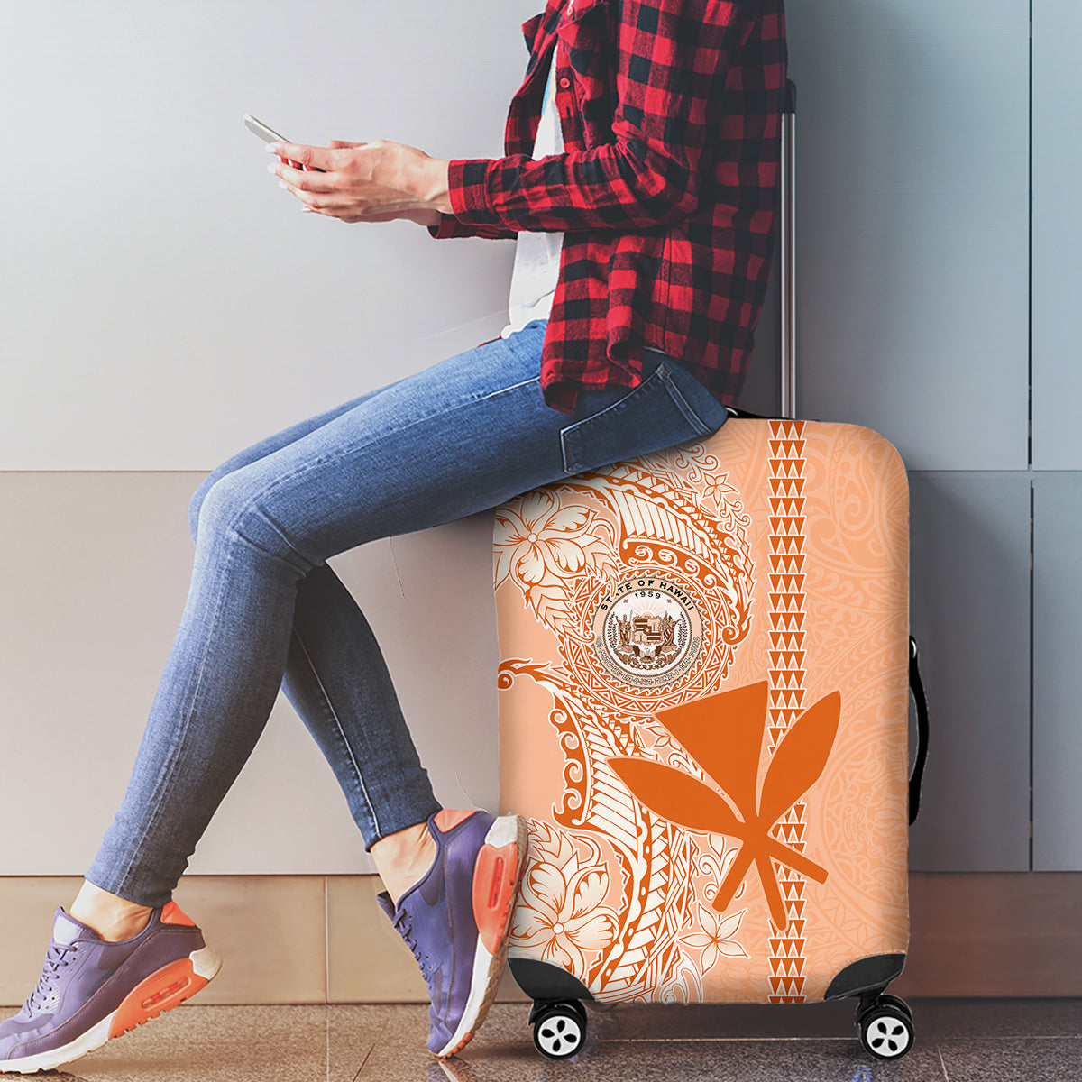 Kanaka Maoli Tropical Flowers with Kakau Tribal Luggage Cover Peach Fuzz Color LT03 - Polynesian Pride