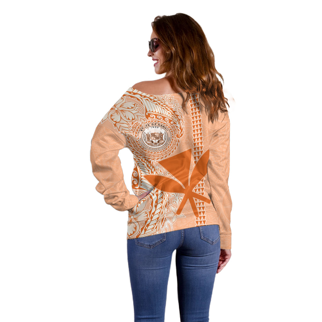Kanaka Maoli Tropical Flowers with Kakau Tribal Off Shoulder Sweater Peach Fuzz Color LT03 - Polynesian Pride