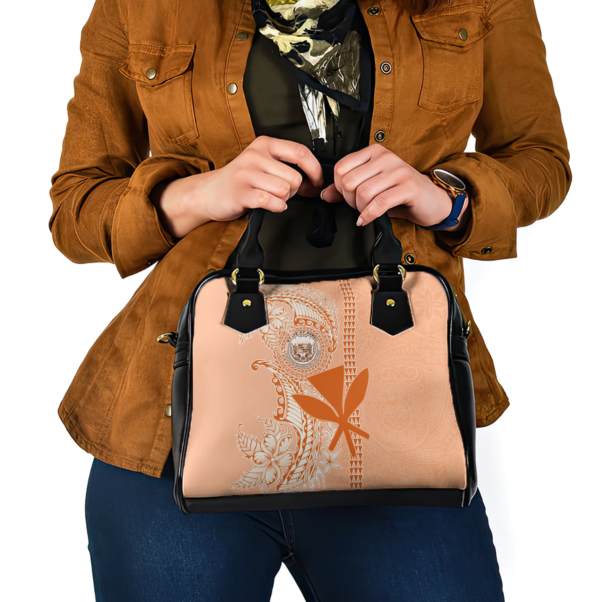 Kanaka Maoli Tropical Flowers with Kakau Tribal Shoulder Handbag Peach Fuzz Color LT03 - Polynesian Pride