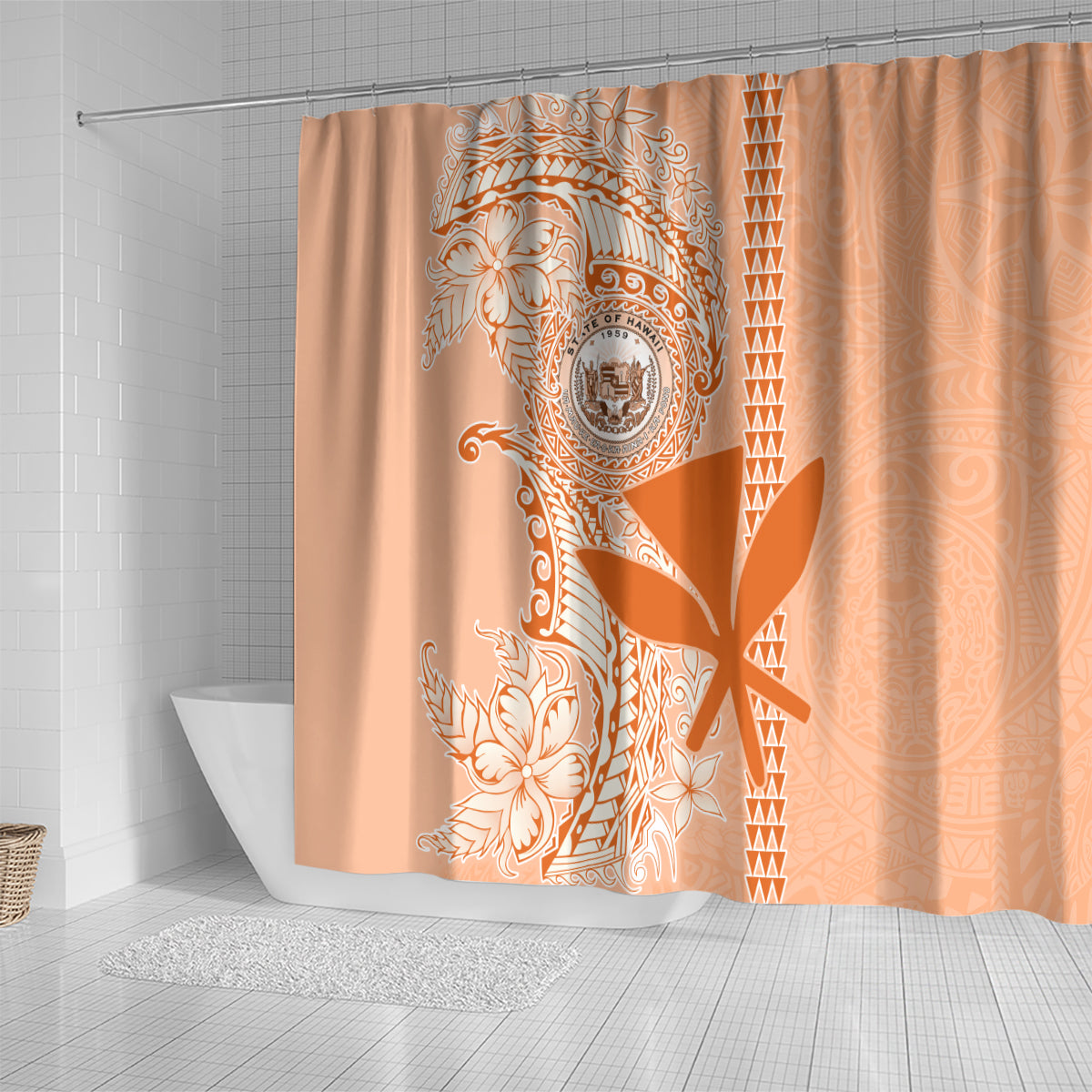 Kanaka Maoli Tropical Flowers with Kakau Tribal Shower Curtain Peach Fuzz Color LT03 - Polynesian Pride