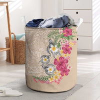 Hawaiian Tropical Flowers and Tribal Turtles Laundry Basket Polynesian Art Motifs Beige Color LT03 Beige - Polynesian Pride