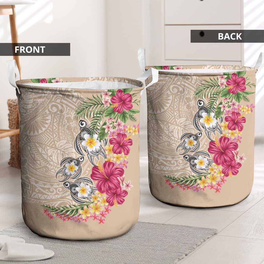 Hawaiian Tropical Flowers and Tribal Turtles Laundry Basket Polynesian Art Motifs Beige Color LT03 - Polynesian Pride