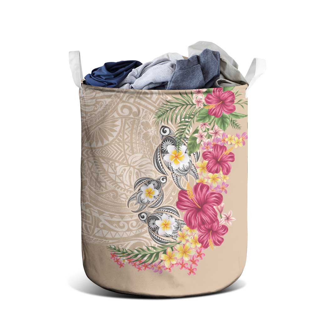 Hawaiian Tropical Flowers and Tribal Turtles Laundry Basket Polynesian Art Motifs Beige Color LT03 - Polynesian Pride