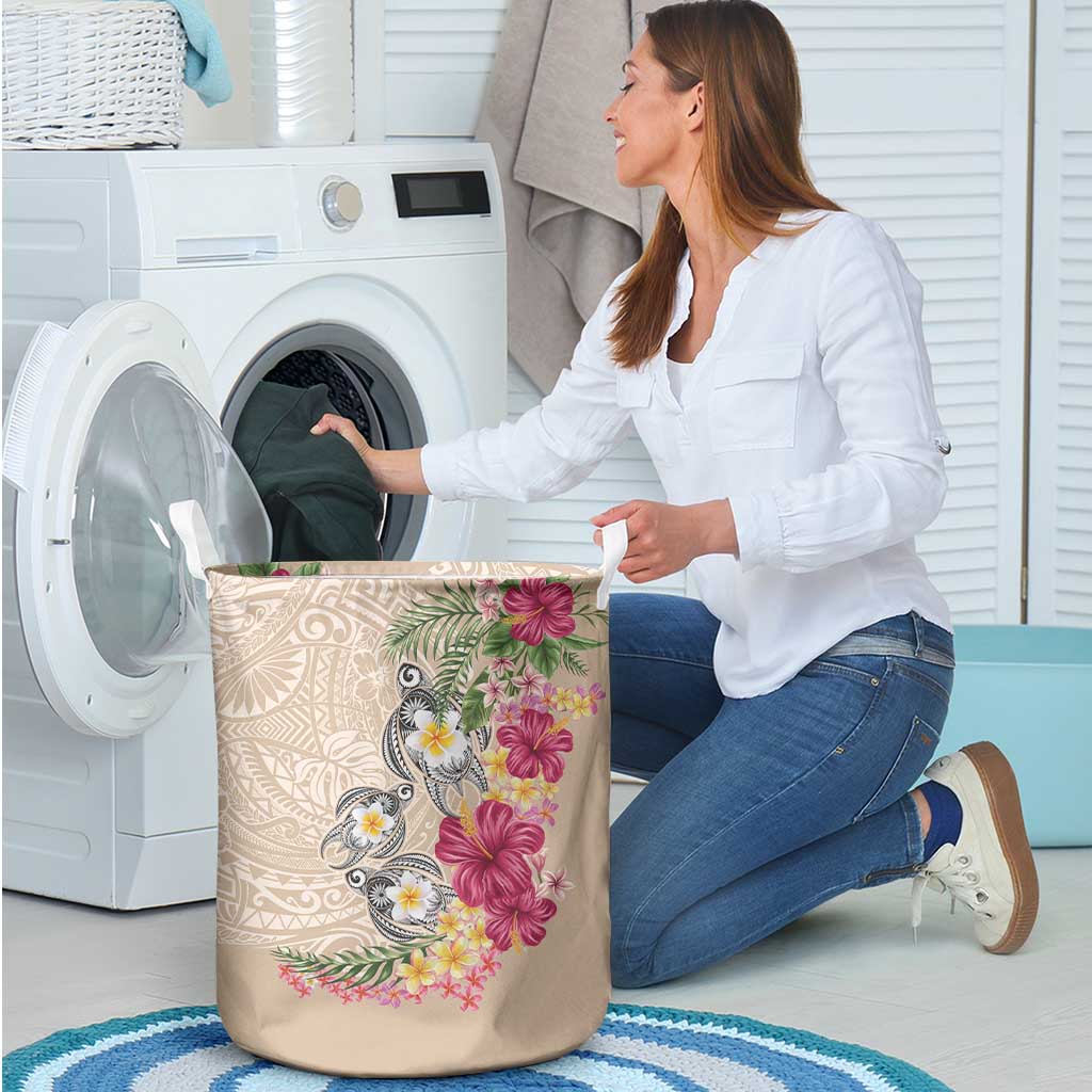Hawaiian Tropical Flowers and Tribal Turtles Laundry Basket Polynesian Art Motifs Beige Color LT03 - Polynesian Pride