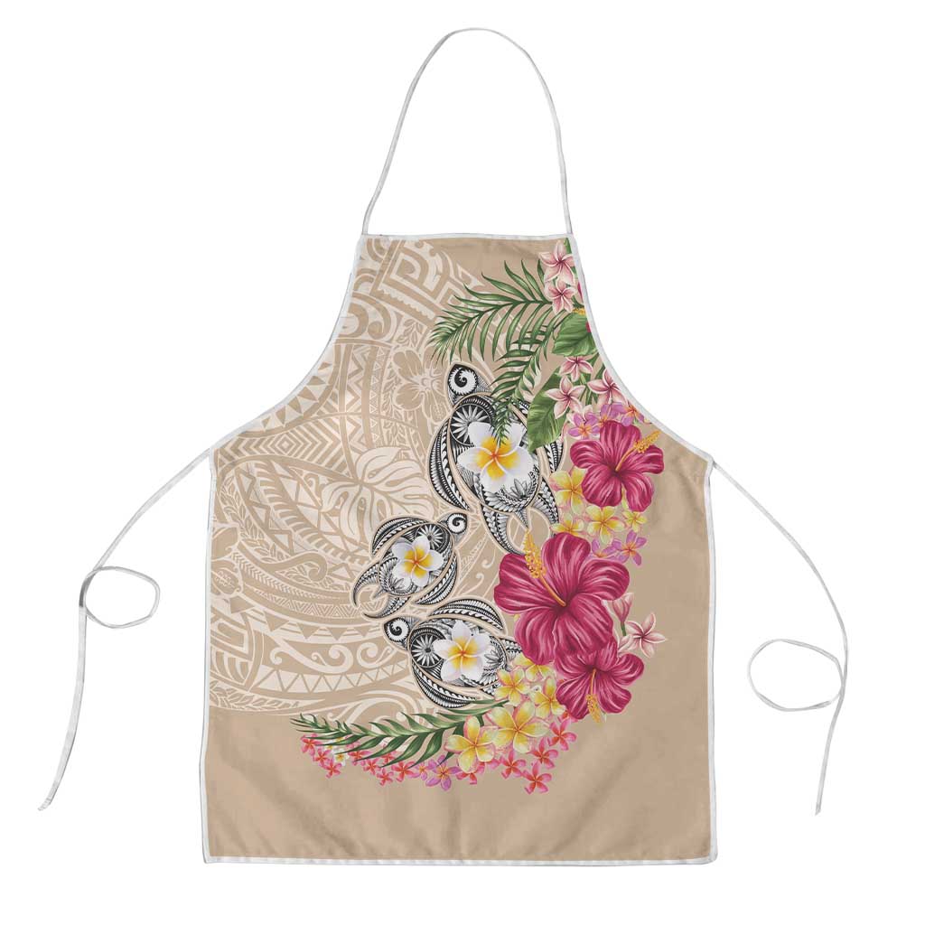 Hawaiian Tropical Flowers and Tribal Turtles Apron Polynesian Art Motifs Beige Color LT03 Beige - Polynesian Pride