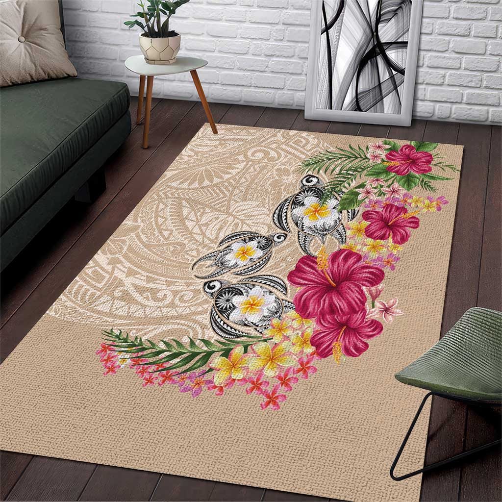 Hawaiian Tropical Flowers and Tribal Turtles Area Rug Polynesian Art Motifs Beige Color LT03 Beige - Polynesian Pride