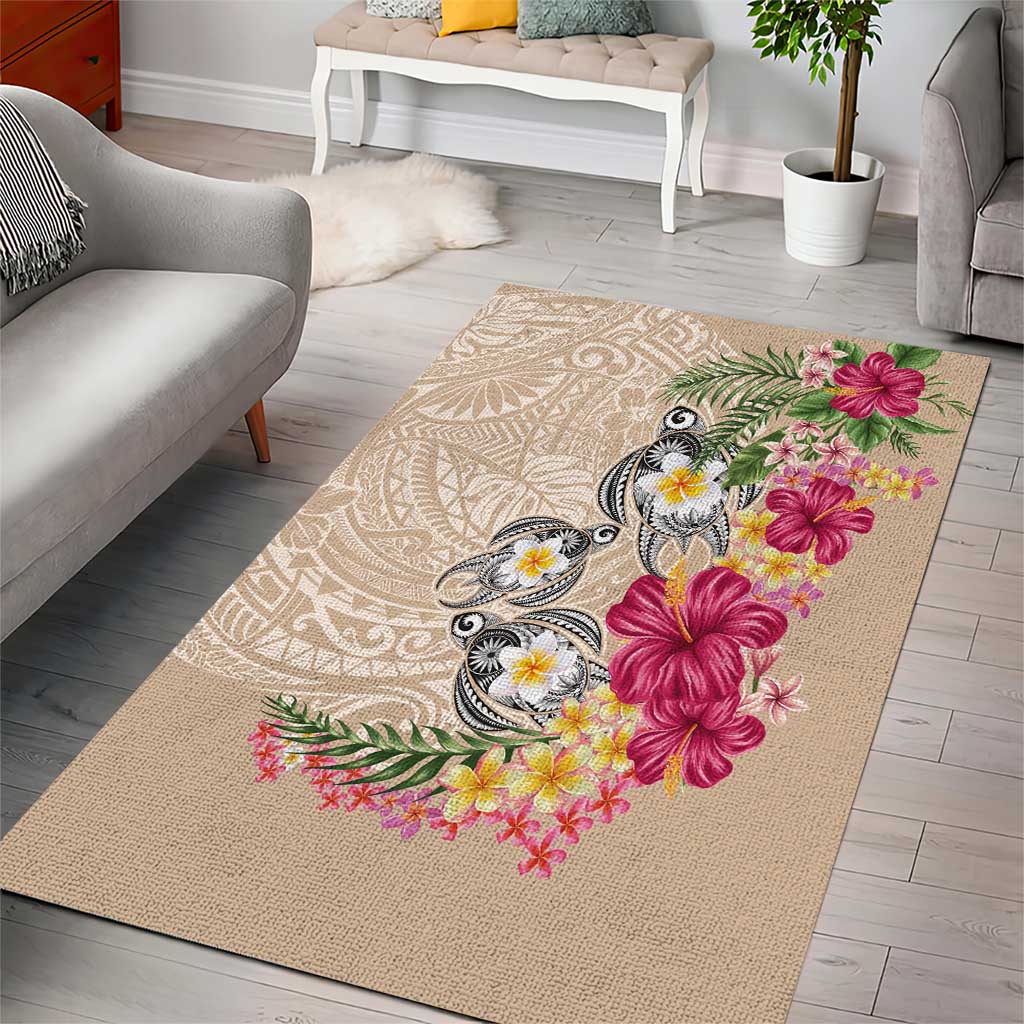 Hawaiian Tropical Flowers and Tribal Turtles Area Rug Polynesian Art Motifs Beige Color LT03 - Polynesian Pride