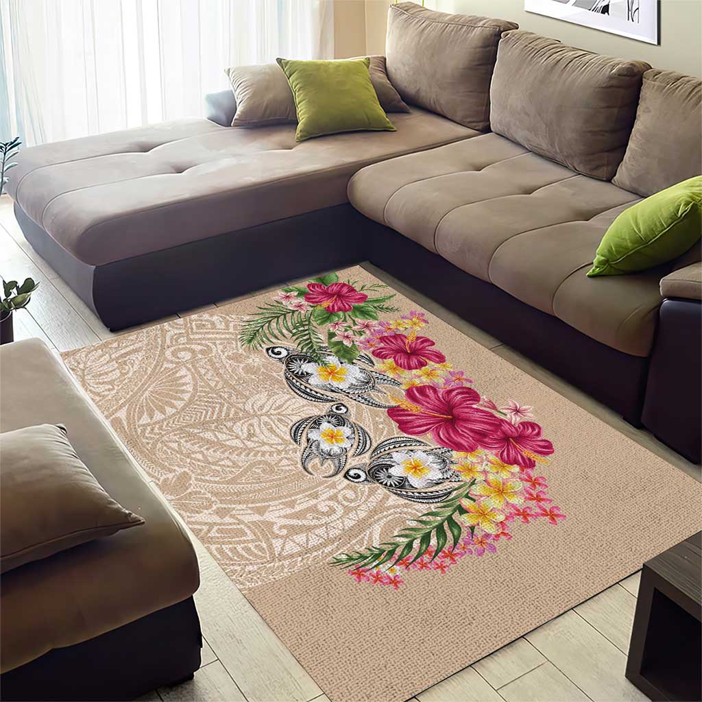 Hawaiian Tropical Flowers and Tribal Turtles Area Rug Polynesian Art Motifs Beige Color LT03 - Polynesian Pride