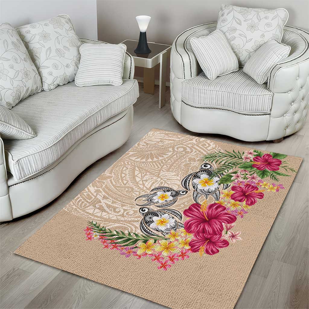 Hawaiian Tropical Flowers and Tribal Turtles Area Rug Polynesian Art Motifs Beige Color LT03 - Polynesian Pride