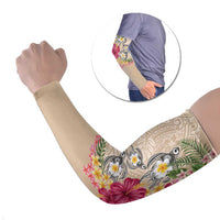 Hawaiian Tropical Flowers and Tribal Turtles Arm Sleeves Polynesian Art Motifs Beige Color LT03 Set of 2 Beige - Polynesian Pride
