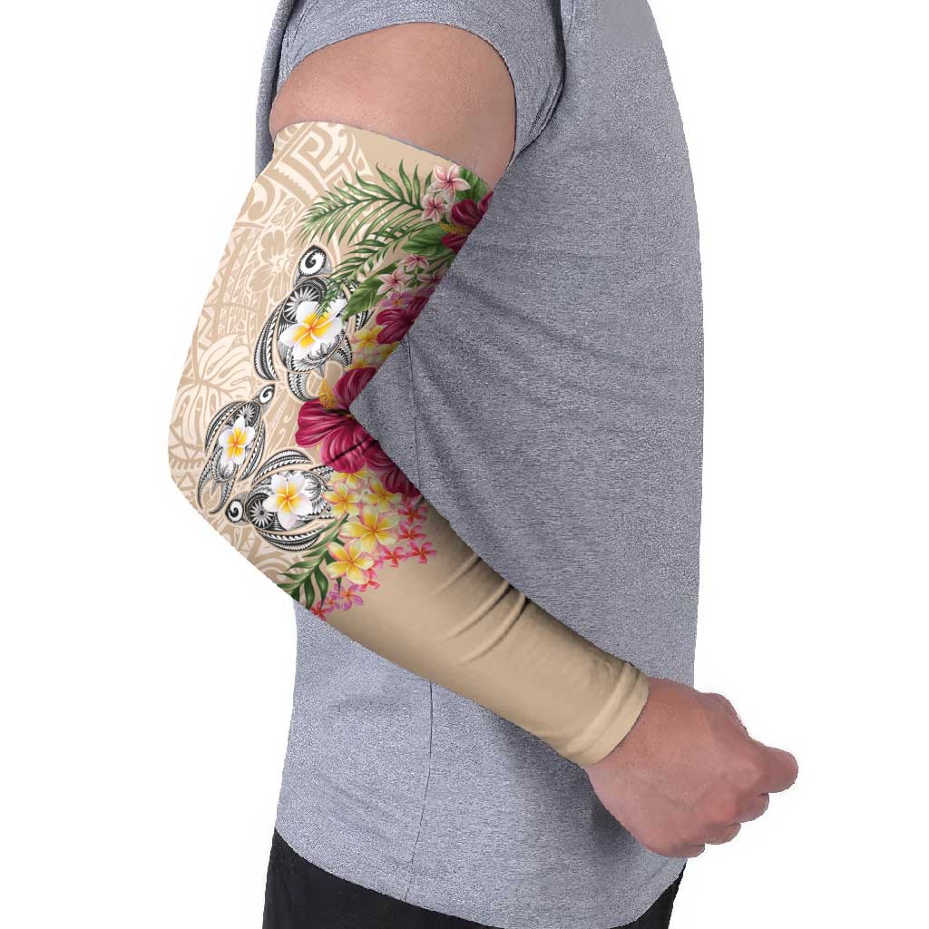 Hawaiian Tropical Flowers and Tribal Turtles Arm Sleeves Polynesian Art Motifs Beige Color LT03 - Polynesian Pride