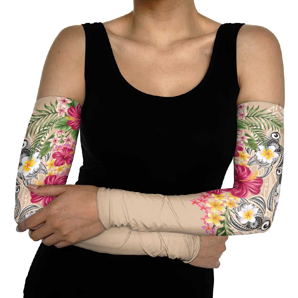 Hawaiian Tropical Flowers and Tribal Turtles Arm Sleeves Polynesian Art Motifs Beige Color LT03 - Polynesian Pride