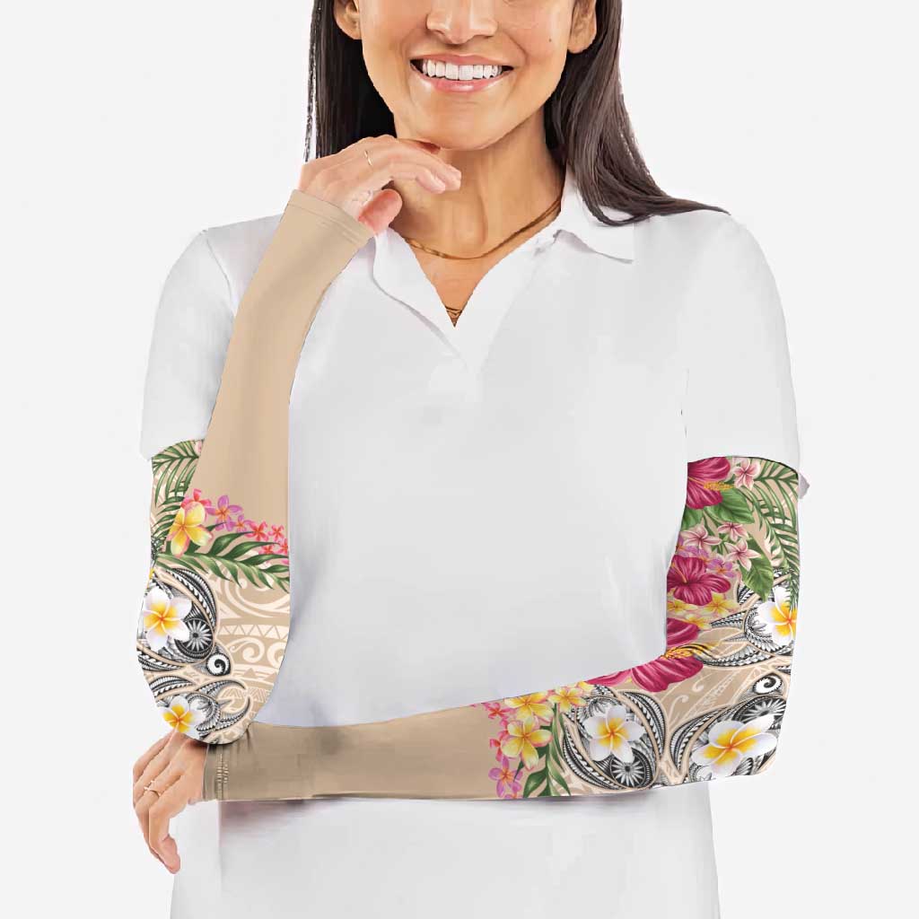 Hawaiian Tropical Flowers and Tribal Turtles Arm Sleeves Polynesian Art Motifs Beige Color LT03 - Polynesian Pride