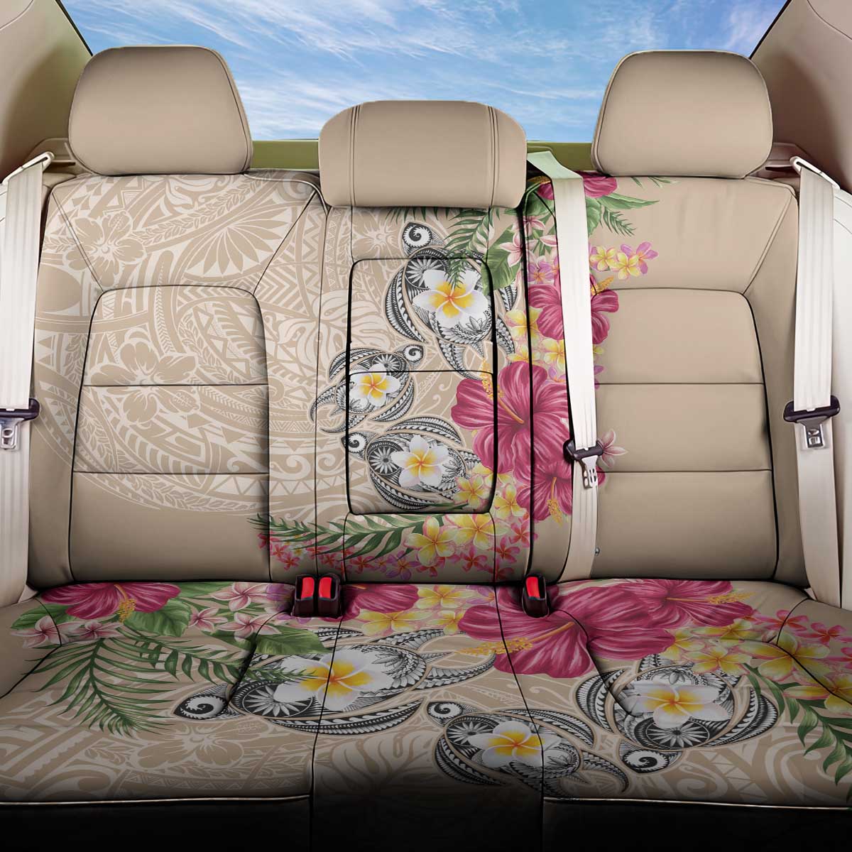 Hawaiian Tropical Flowers and Tribal Turtles Back Car Seat Cover Polynesian Art Motifs Beige Color LT03 One Size Beige - Polynesian Pride